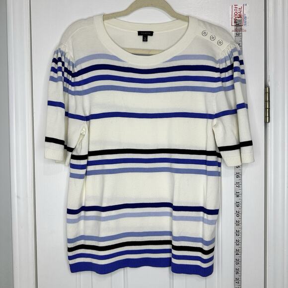 Talbots Womens Sweater XL Cream Oatmeal Blue Striped Knit Short Sleeve - Picture 2 of 9